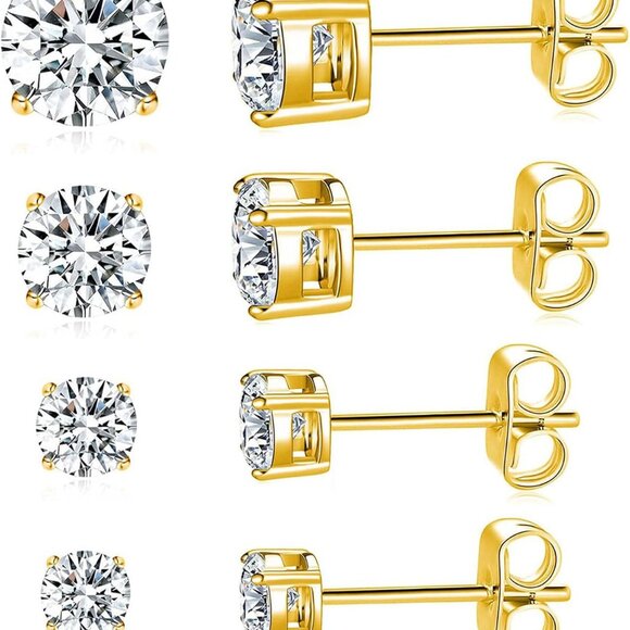 Hypoallergenic Titanium Cubic Zirconia Stud Earrings Set - 5 Pairs, Nickel Free, - Picture 1 of 8